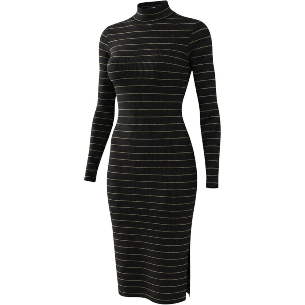 BB Dakota Metallic Stripe Mock Neck Dress Sz L Black Bodycon Midi Cutout Goth